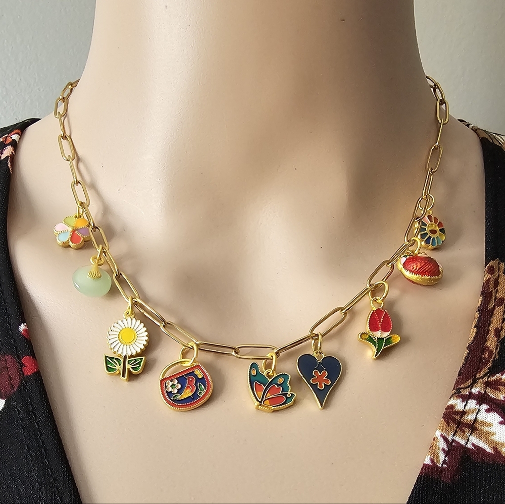 Handcrafted Gold Necklace with Colorful Charms